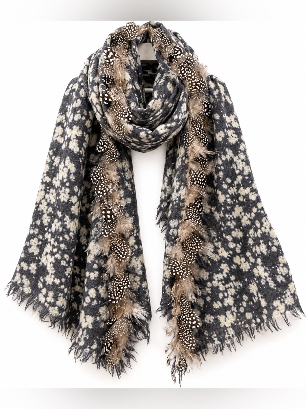 Rose & Rose 100% Wool Oversized Scarf Wrap Genuine Feather Trim Gray Cream